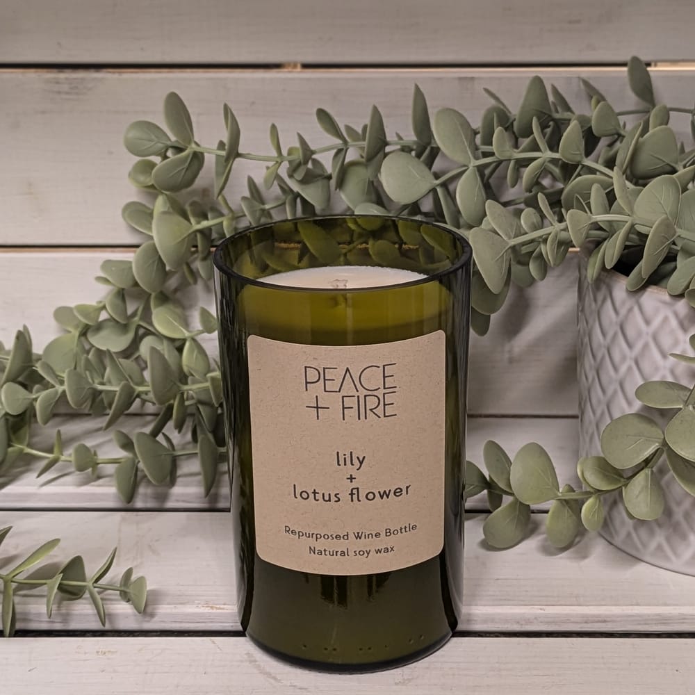 Lily + Lotus Flower  - Wine Bottle Candle - Peace + Fire