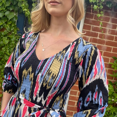 "Grace" Midnight Ikat Print Midi Dress