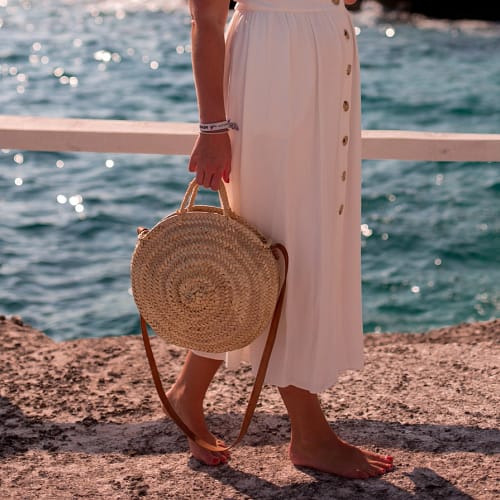 Summer Straw Round Shoulder Bag with Leather Strap