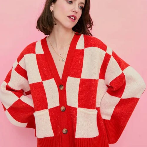 Candice Checked Wide Sleeve Cardigan - Red & White Sweater