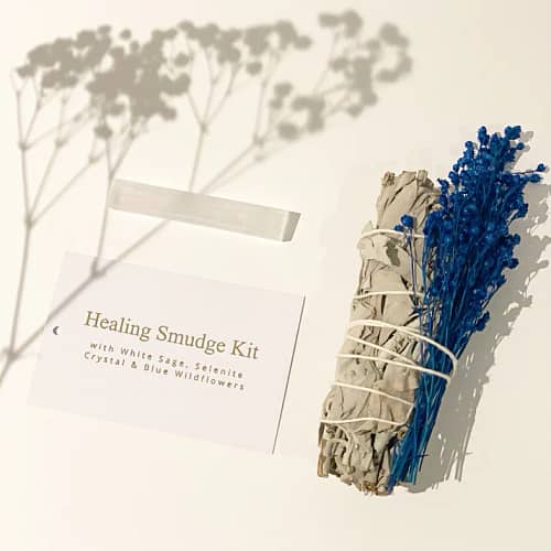 Healing Smudge Kit - White Sage Bundle with Selenite + Blue Wildflowers