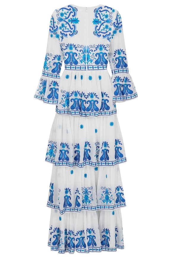 Elodea White and Blue Embroidered Tiered Maxi Dress - Frock and Frill - Image 2