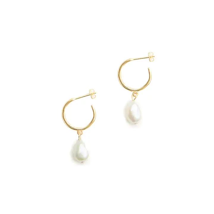 C-Shape Hoop Earring in Gold with Freshwater Pearl Drop