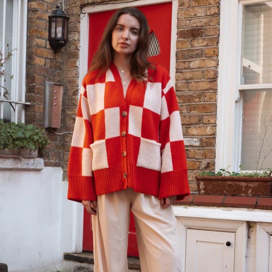 Candice Checked Wide Sleeve Cardigan - Red & White Sweater - Image 6