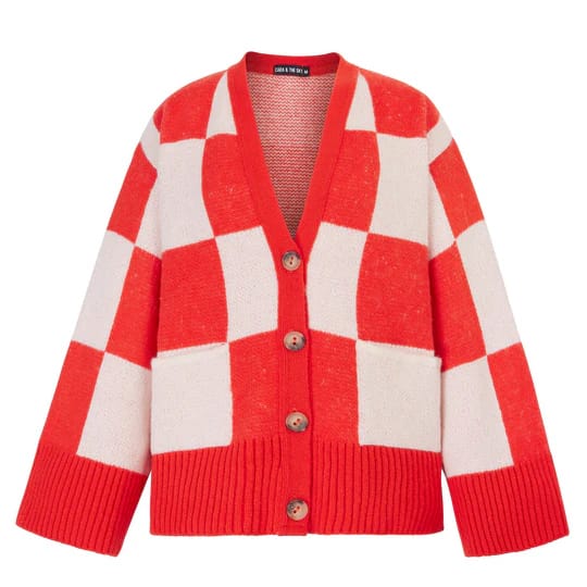 Candice Checked Wide Sleeve Cardigan - Red & White Sweater - Image 5